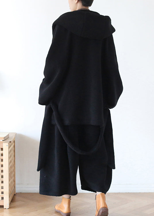 Black Tie Waist Woolen Hooded Coat Long Sleeve