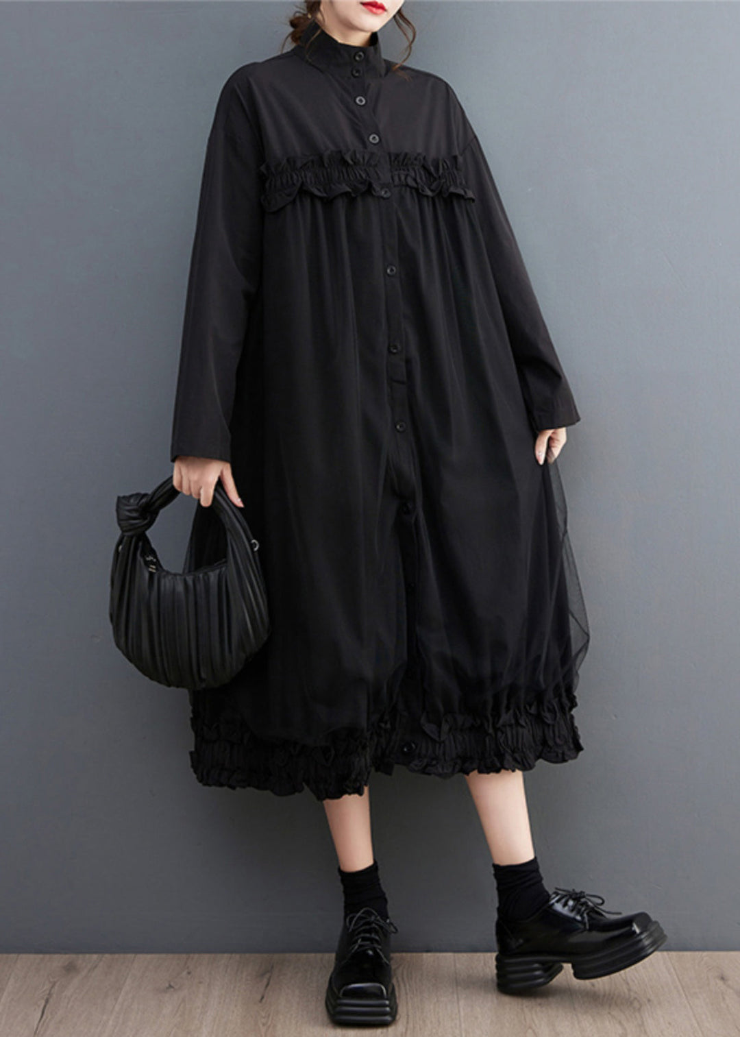 Black Tulle Button Patchwork Shirts Dress Stand Collar Long Sleeve