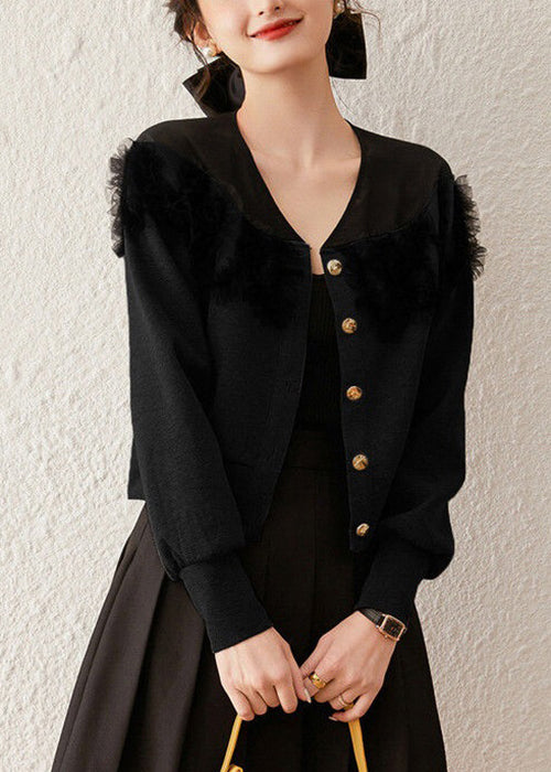 Black Tulle Patchwork Cotton Coat V Neck Long Sleeve