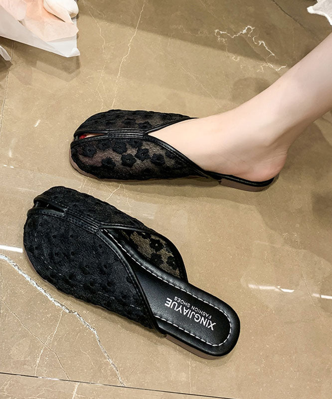 Black Tulle Slide Sandals Hollow Out Embroidery Splicing