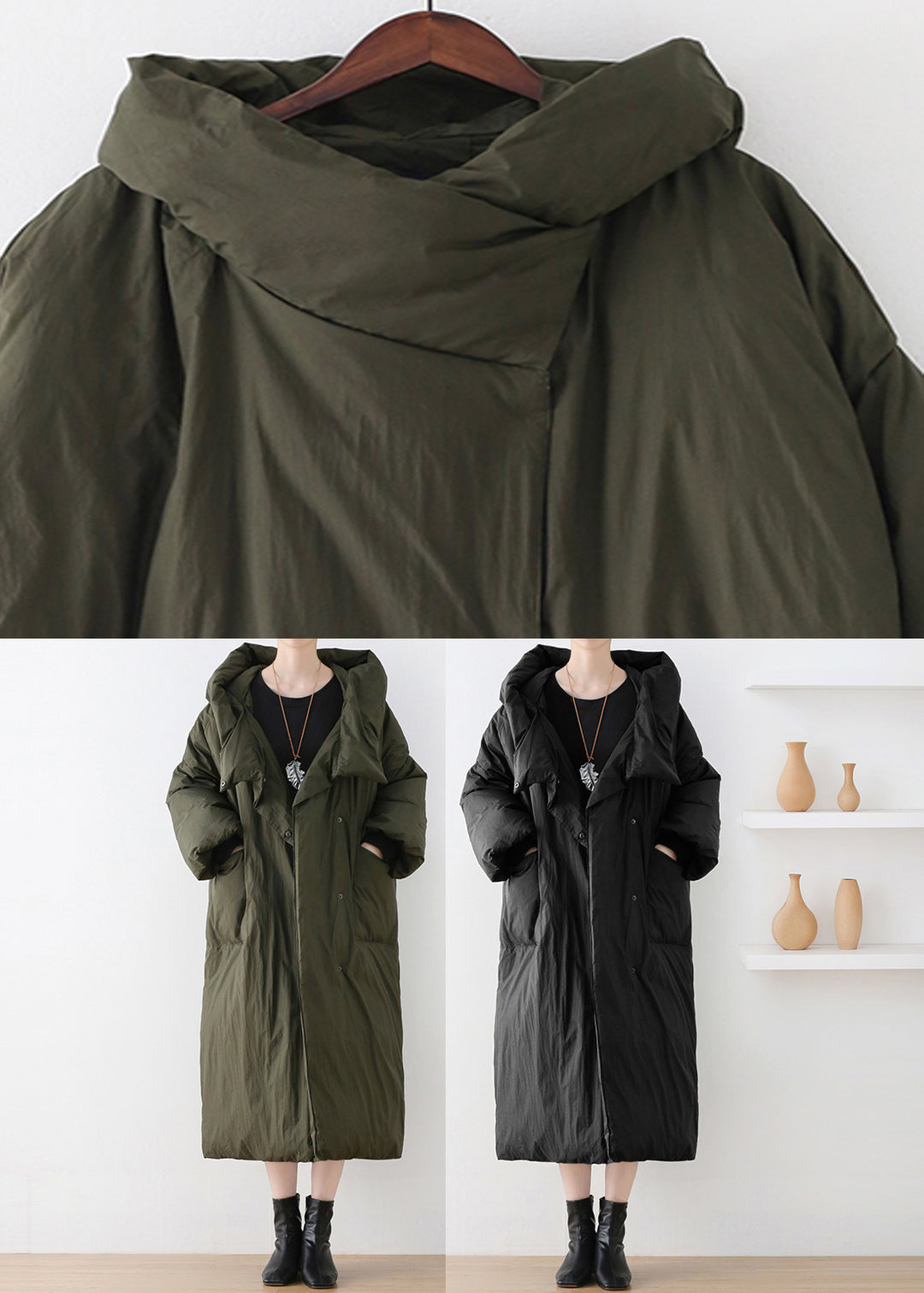 Black Turtleneck Button Duck Down Hooded Long Down Coat Winter