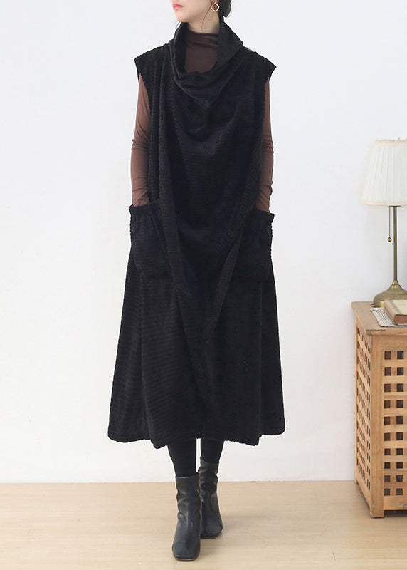 Black Turtleneck Draping Knit Cotton DressSleeveless