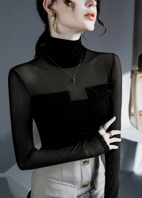 Black Turtleneck Patchwork Tulle Top Fall