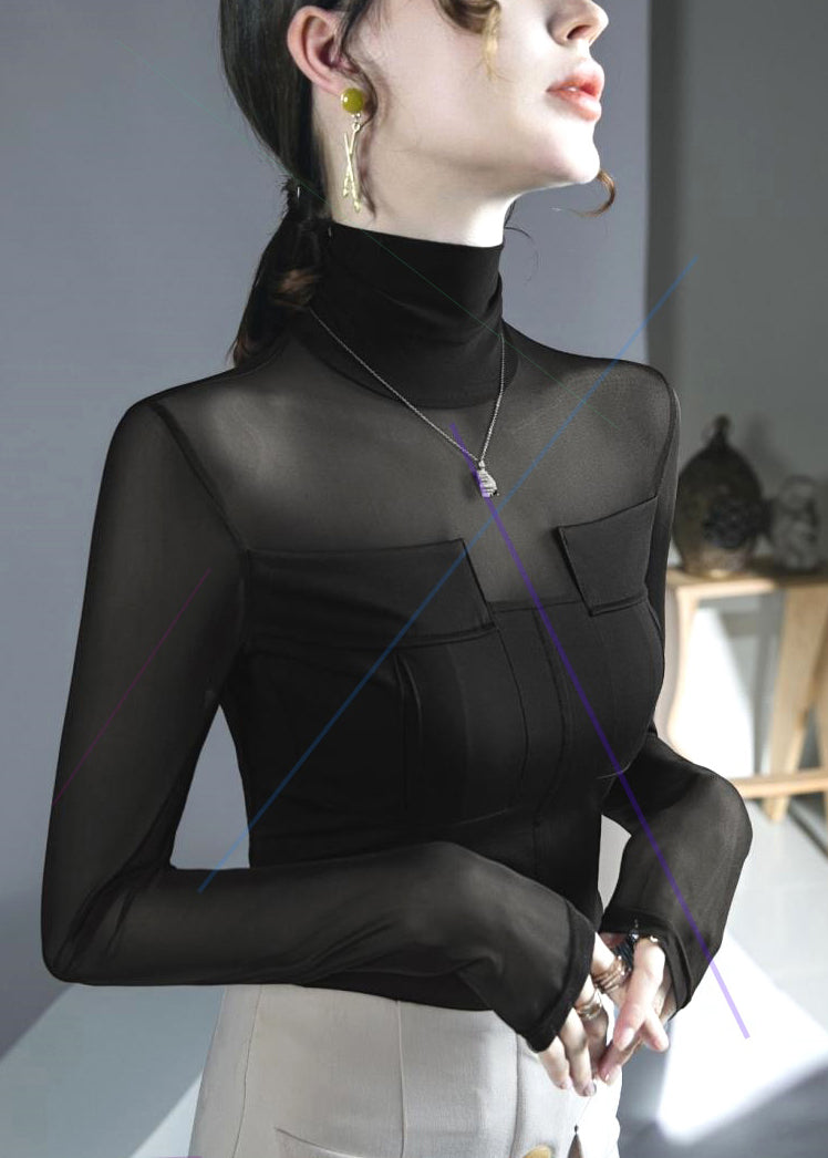 Black Turtleneck Patchwork Tulle Top Fall