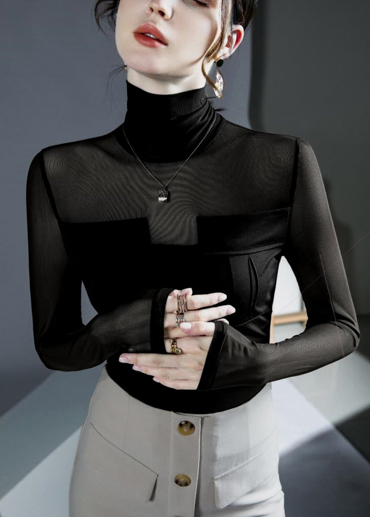 Black Turtleneck Patchwork Tulle Top Fall