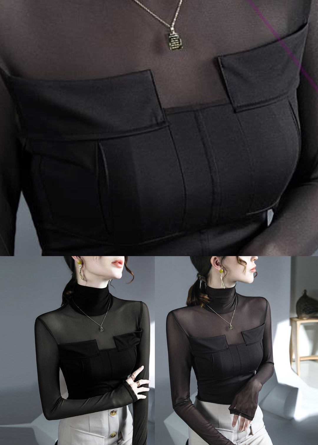 Black Turtleneck Patchwork Tulle Top Fall