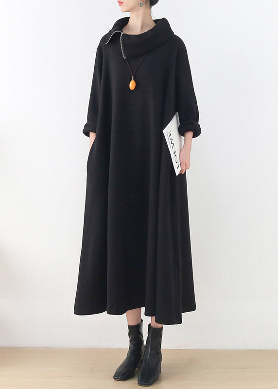 Black Turtleneck Pockets Cotton Maxi Dress Long Sleeve
