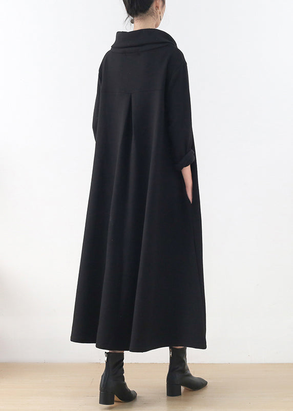 Black Turtleneck Pockets Cotton Maxi Dress Long Sleeve
