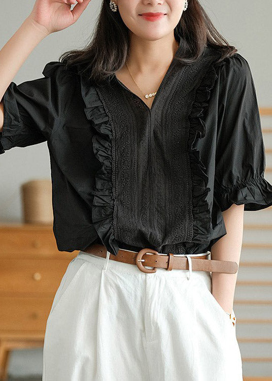 Black V Neck Button Linen T Shirt Half Sleeve