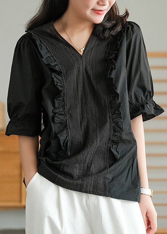 Black V Neck Button Linen T Shirt Half Sleeve