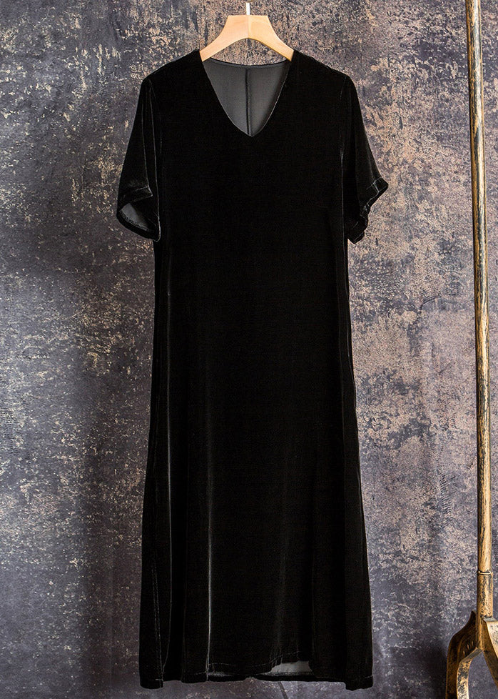 Black V Neck Silk Velour Dress Short Sleeve