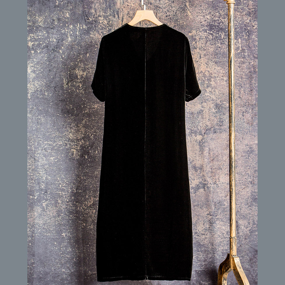 Black V Neck Silk Velour Dress Short Sleeve