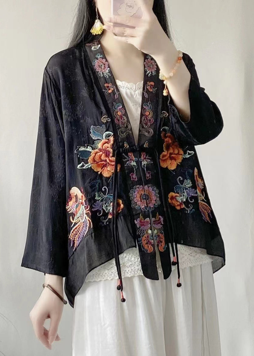 Black Vintage Linen Silk Cardigans Embroideried V Neck Tasseled Spring