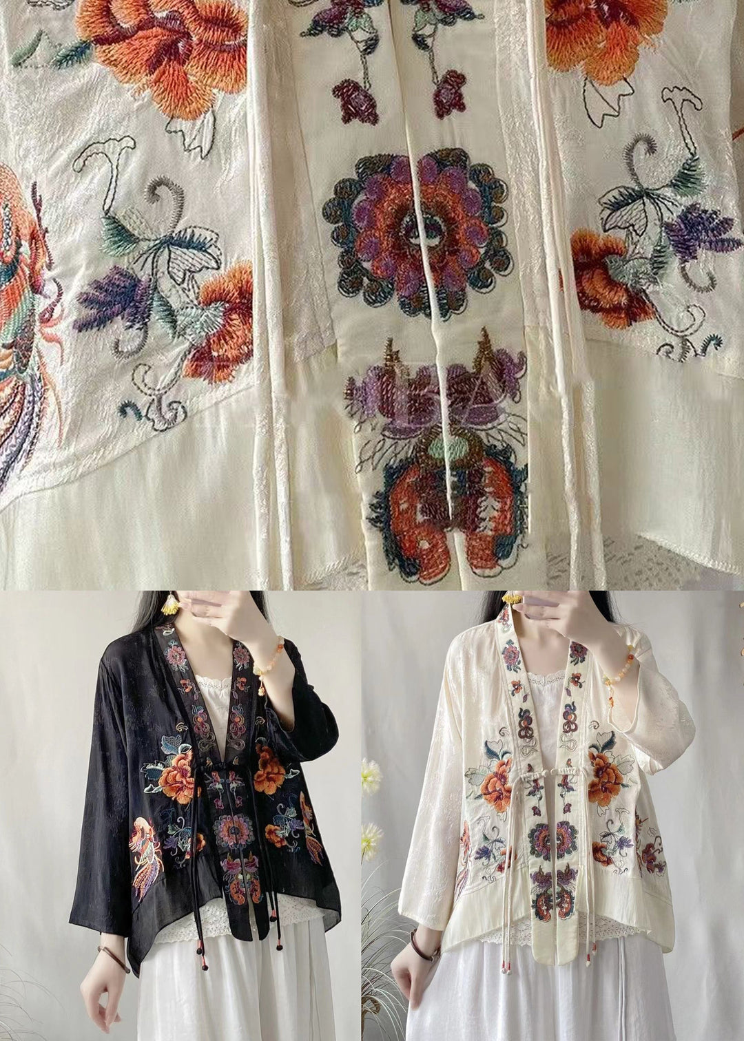 Black Vintage Linen Silk Cardigans Embroideried V Neck Tasseled Spring