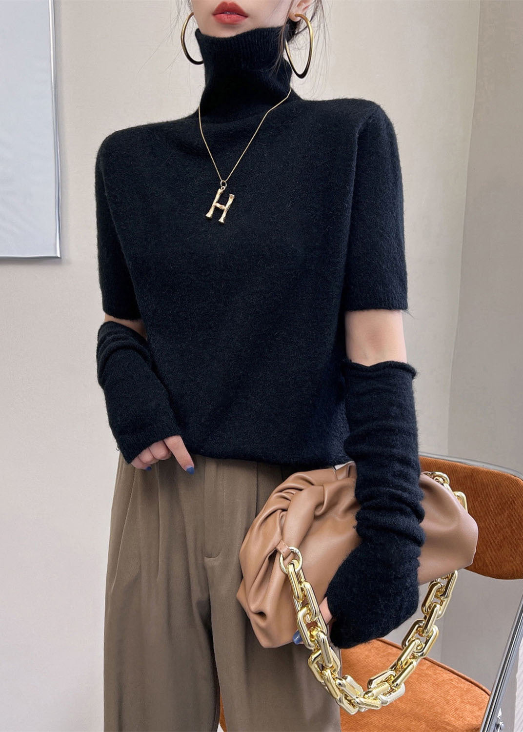 Black Warm Knit Original Design Sweater Tops Turtle Neck Winter