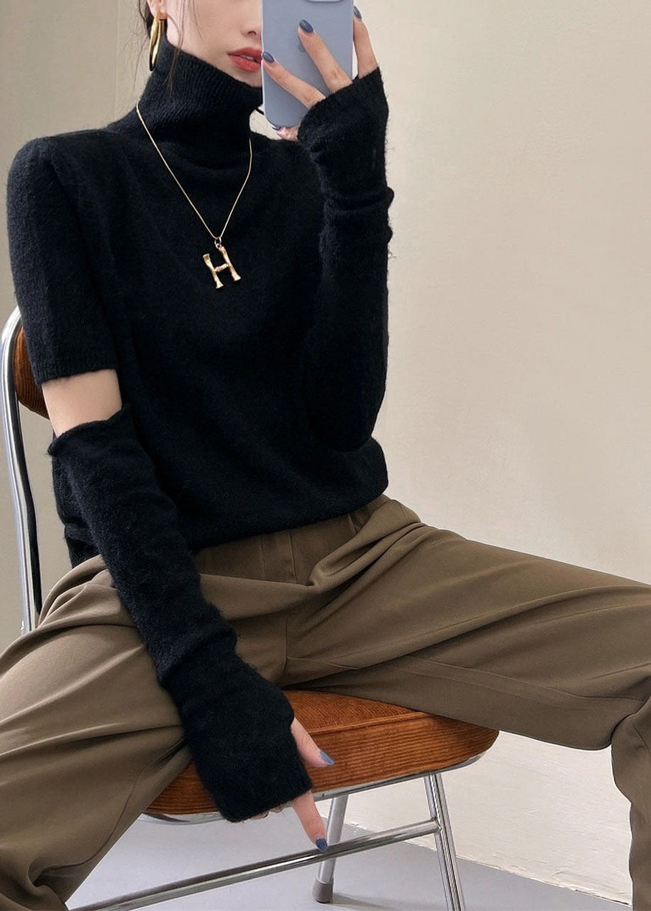 Black Warm Knit Original Design Sweater Tops Turtle Neck Winter