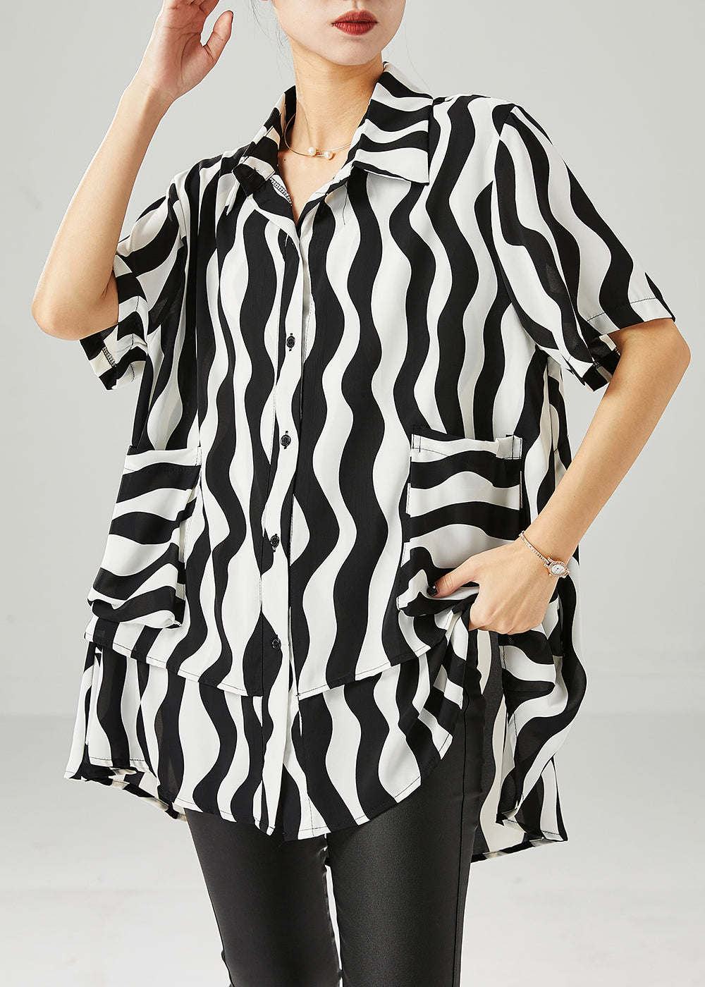 Black Wave Striped Spandex Shirts Oversized Summer