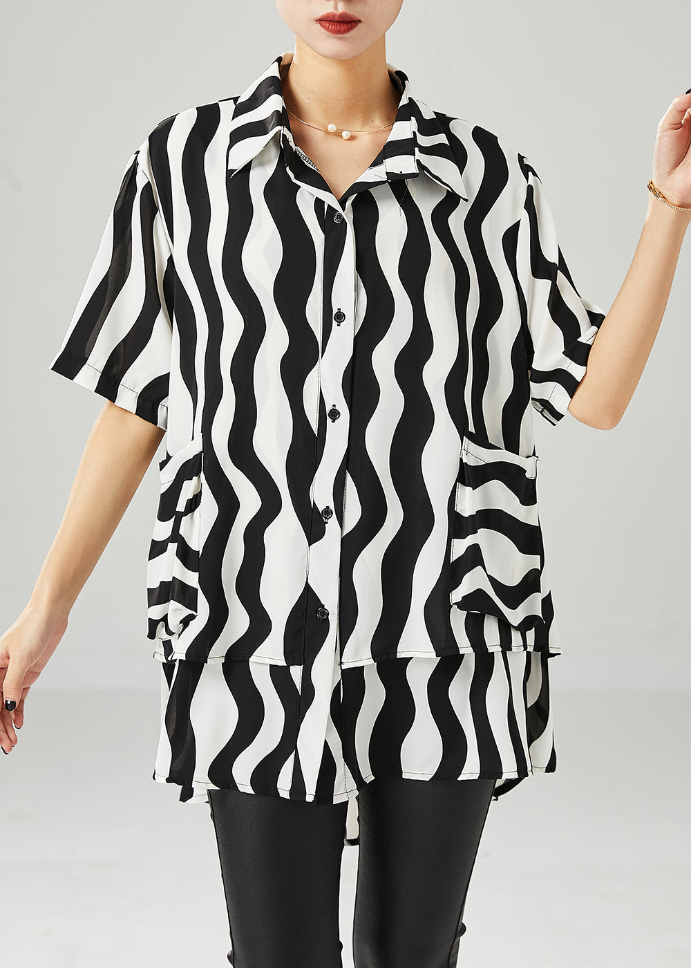 Black Wave Striped Spandex Shirts Oversized Summer
