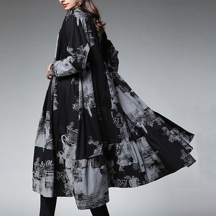 Black Women Print Cotton Loose Long Sleeve Plus Size Coat - Omychic