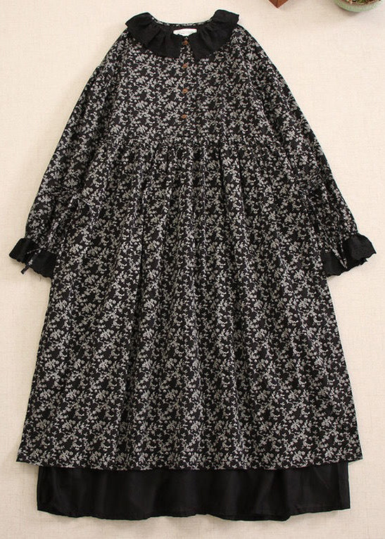 Black Wrinkled Button Cotton Dress Peter Pan Collar Spring