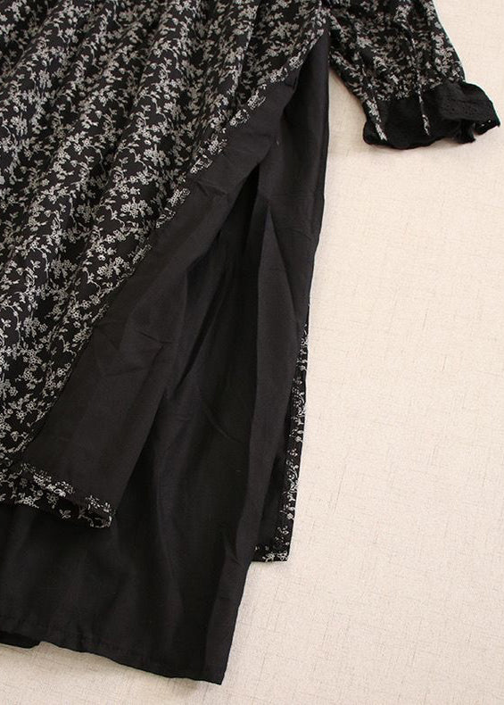 Black Wrinkled Button Cotton Dress Peter Pan Collar Spring