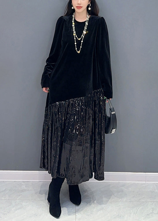 Black Wrinkled Patchwork Silk Velvet Dresses O Neck Spring