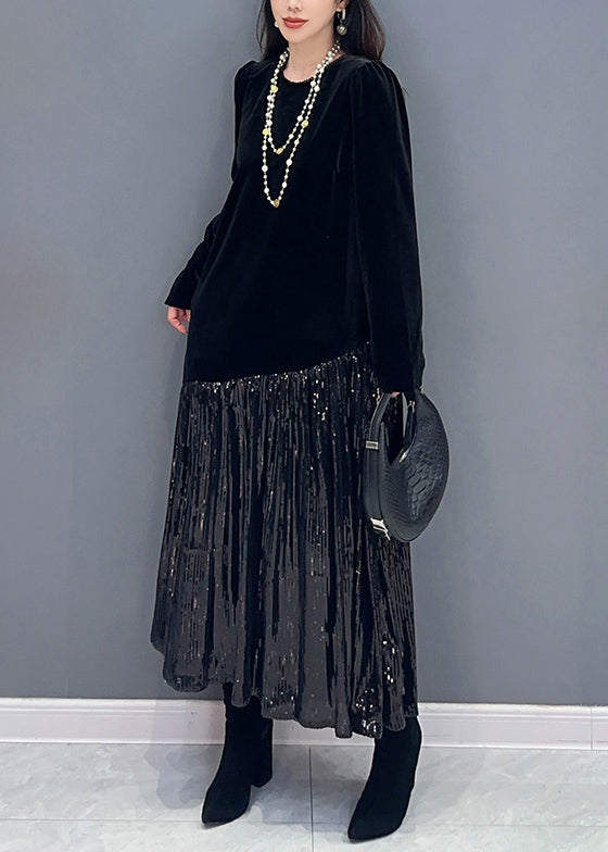 Black Wrinkled Patchwork Silk Velvet Dresses O Neck Spring
