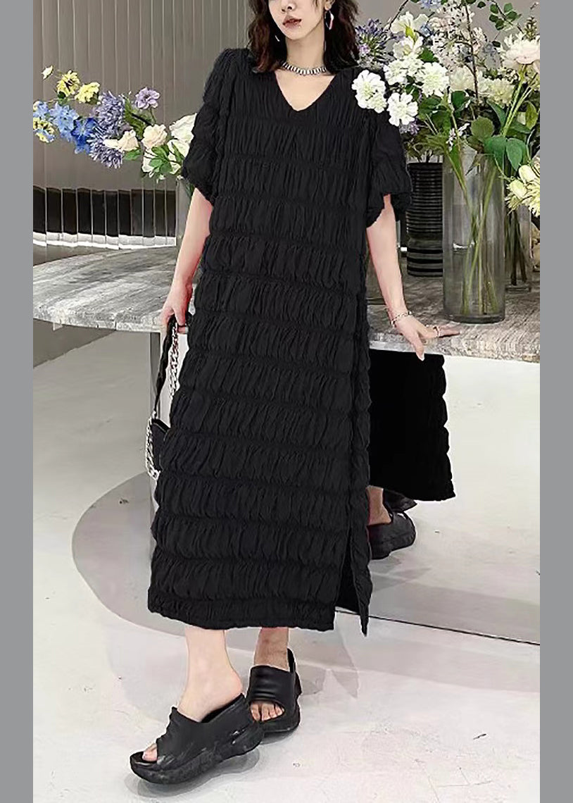 Black Wrinkled Vacation Chiffon Long Dresses Summer