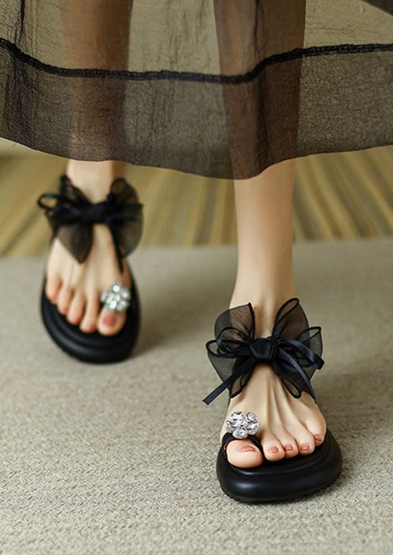 Black Zircon Tulle Bow Comfortable Splicing Slide Sandals