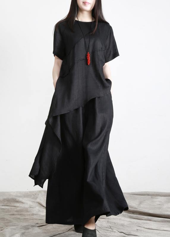 Black asymmetrical Design Linen Long Shirt Wide Leg Pants Summer - Omychic