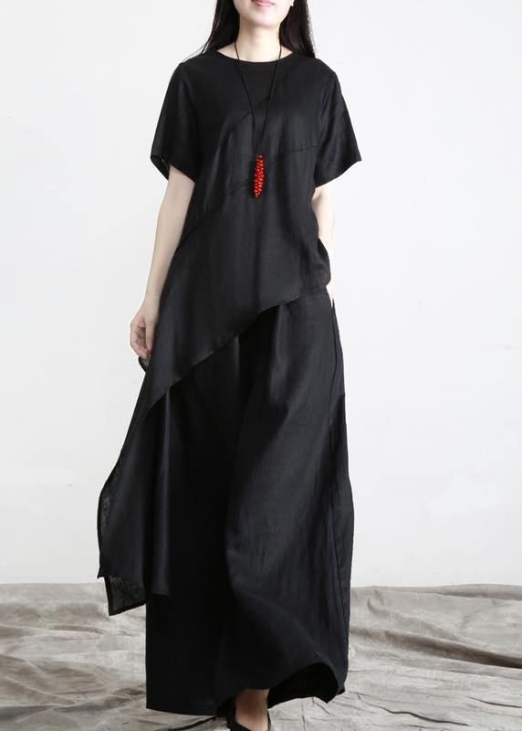 Black asymmetrical Design Linen Long Shirt Wide Leg Pants Summer - Omychic