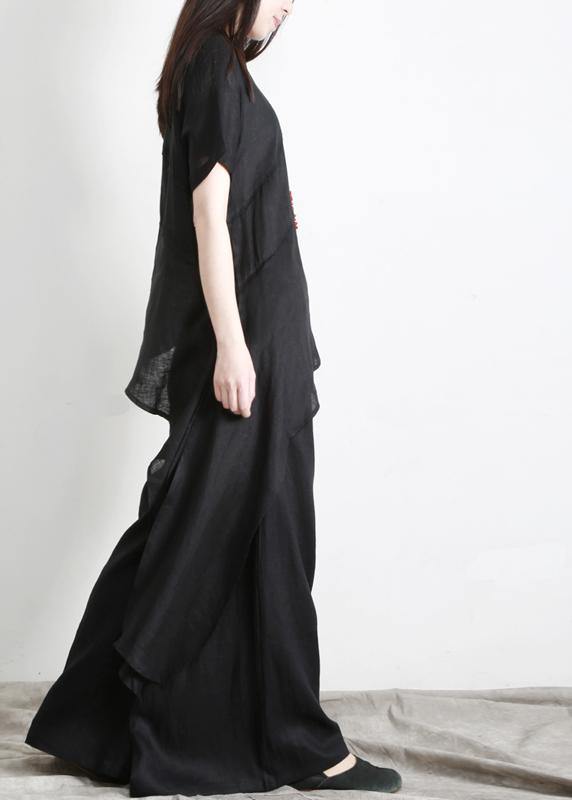 Black asymmetrical Design Linen Long Shirt Wide Leg Pants Summer - Omychic