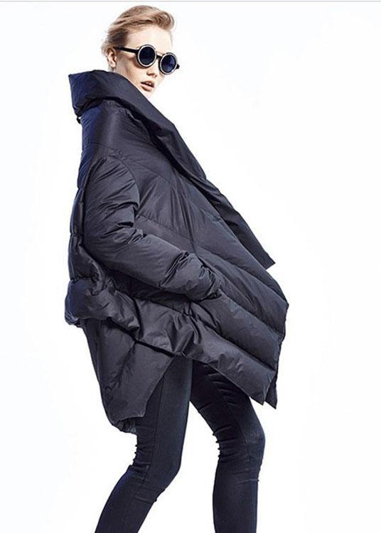 Black fashion Cloak asymmetrical design Thick Winter Duck Down Coat - Omychic