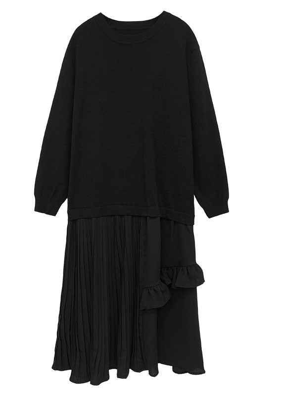 Black wrinkled Patchwork Knit Vacation Dresses Winter