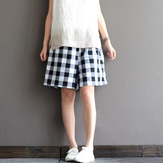 Black and white plaid cotton short pants casual shorts oversize elastic waist - Omychic