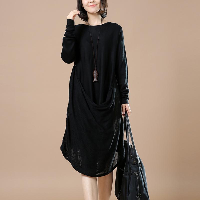Black asymmetrical knit dresses long sweater - Omychic