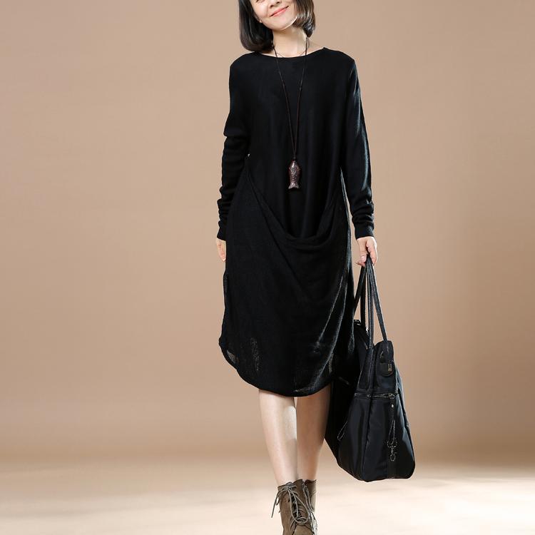 Black asymmetrical knit dresses long sweater - Omychic