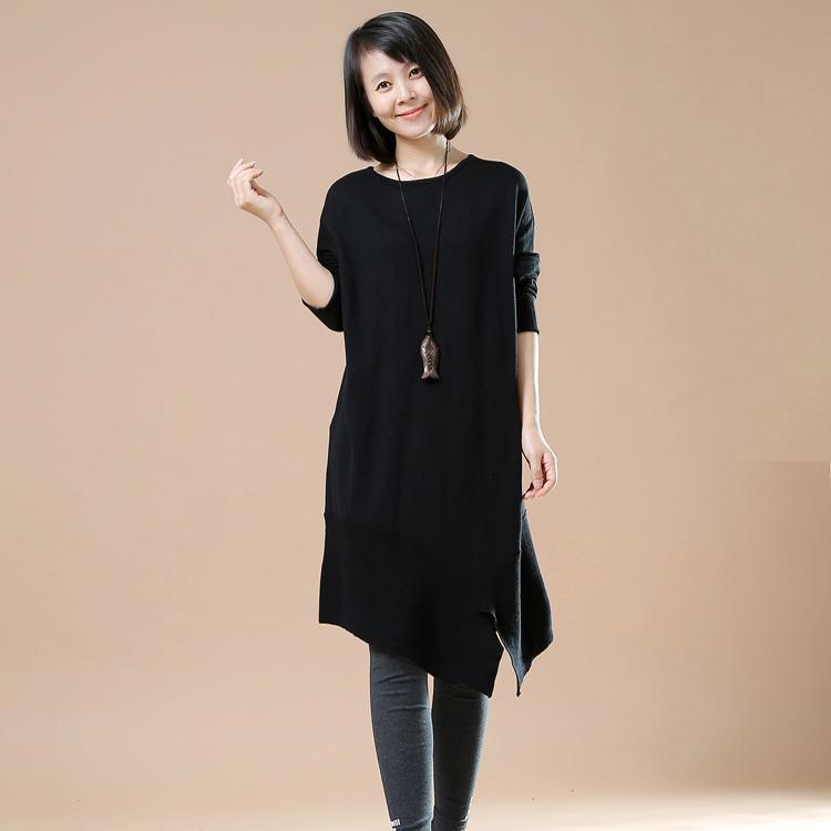 Black asymmetrical sweaters new women winter dresses - Omychic