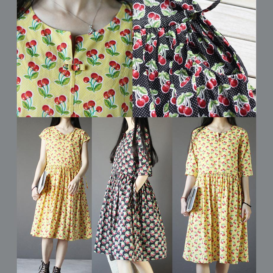 Black cherry print retro summer dresses plus size sundresses half sleeve - Omychic