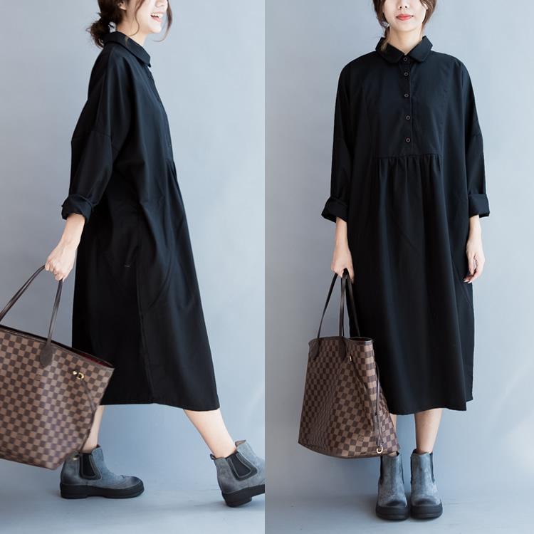 Black cotton dress plus size shirt dresses maxi dress long blouses long sleeve - Omychic