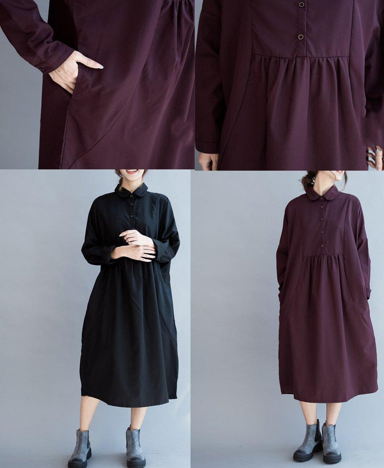 Black cotton dress plus size shirt dresses maxi dress long blouses long sleeve - Omychic