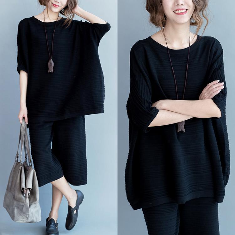 Black cotton knit sweaters half sleeve knitted top with oversize crop pants two pieces - Omychic