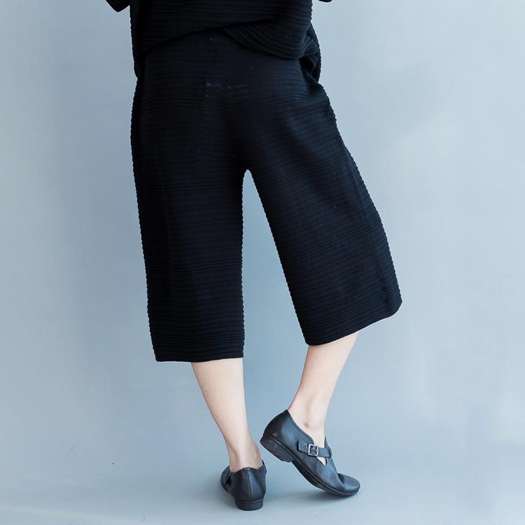 Black cotton knit sweaters half sleeve knitted top with oversize crop pants two pieces - Omychic
