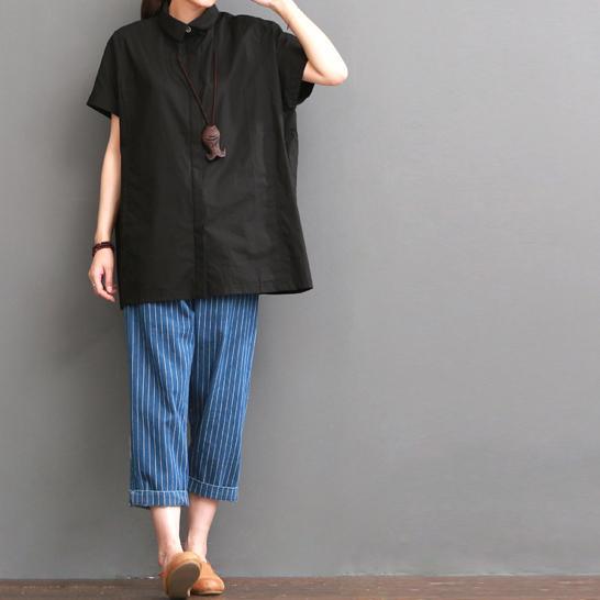Black cotton shirt oversize summer blouse top - Omychic