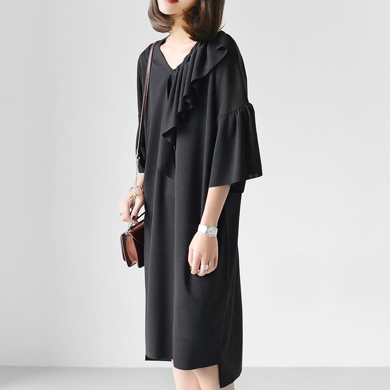 Black cozy dress oversize asymmetrical modal cotton caftan dress - Omychic