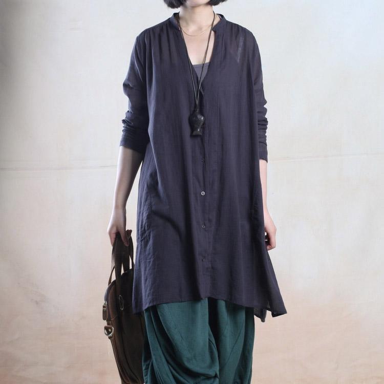 Black deep V sundress long sleeve women shirt dress oversize blouse - Omychic