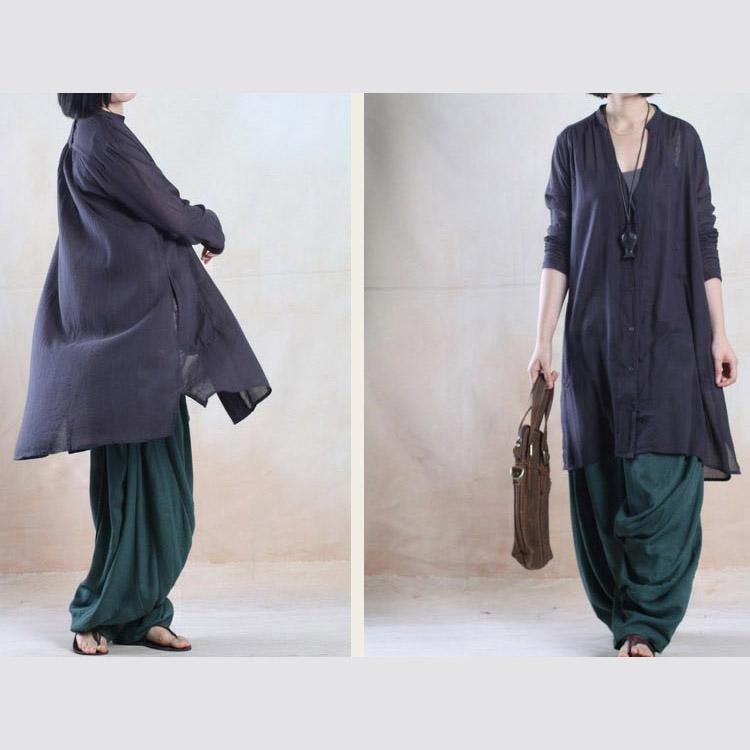 Black deep V sundress long sleeve women shirt dress oversize blouse - Omychic