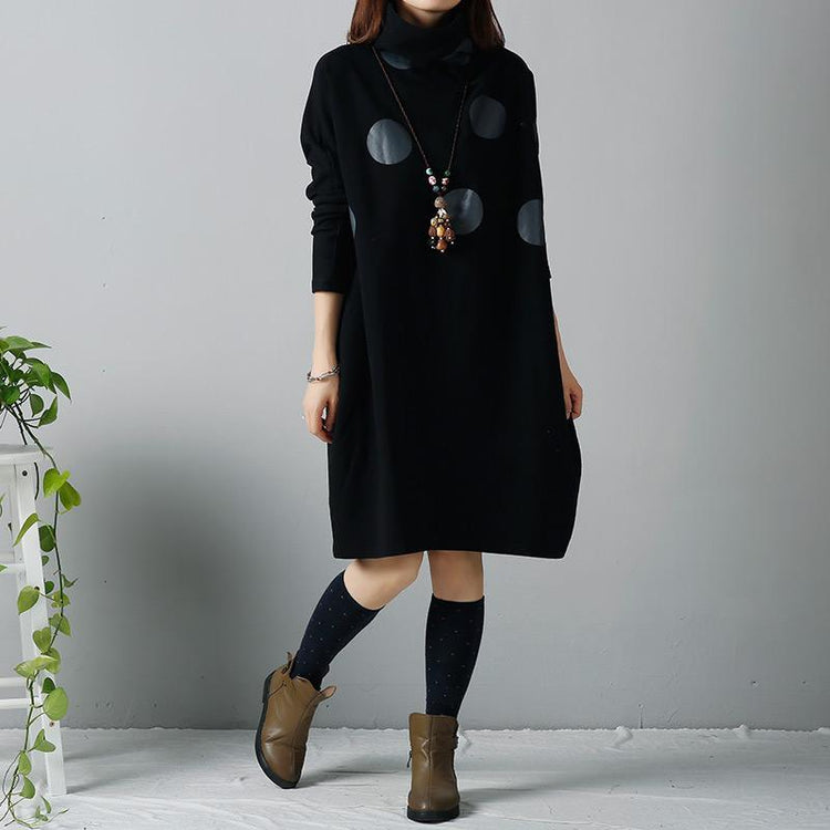 Black dotted cotton dresses plus size winter dress - Omychic