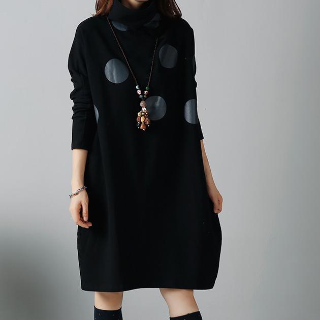 Black dotted cotton dresses plus size winter dress - Omychic