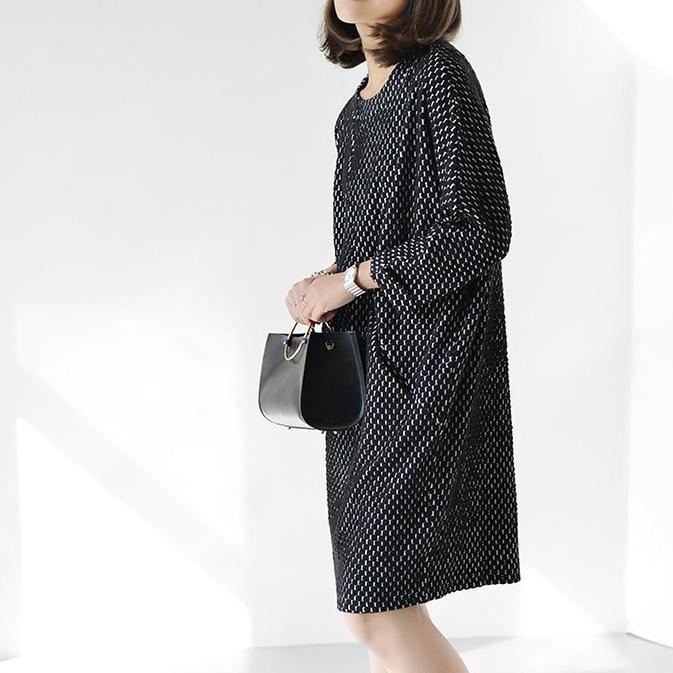 Black dotted floral cotton dresses long sleeve plus size shift dress - Omychic